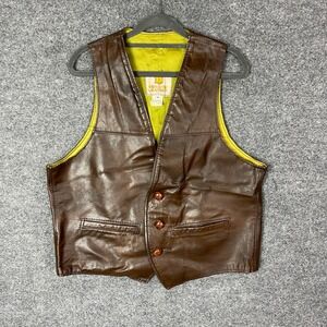 Vintage BERCO Genuine Leather Vest Brown Button Front Pockets Lined Size 42